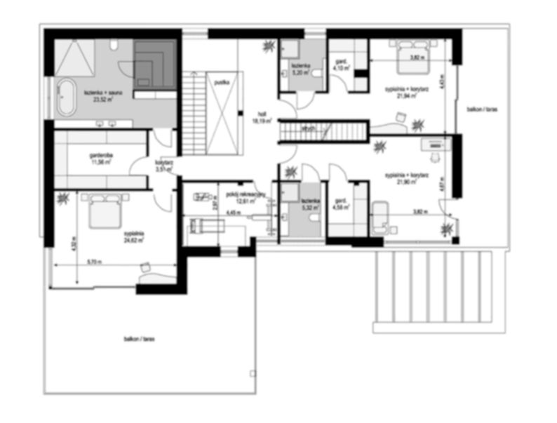 Complete Upper Floor Layout for Modern House
"Detailed upper floor plan of a modern house, featuring multiple bedrooms, bathrooms, and a central living area. Comes with architectural designs and blueprint files."