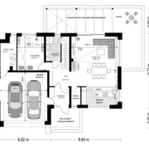 Detailed ground floor plan featuring a spacious garage, open-concept living and dining area, and a modern kitchen. Perfect for contemporary house plans and architectural designs.