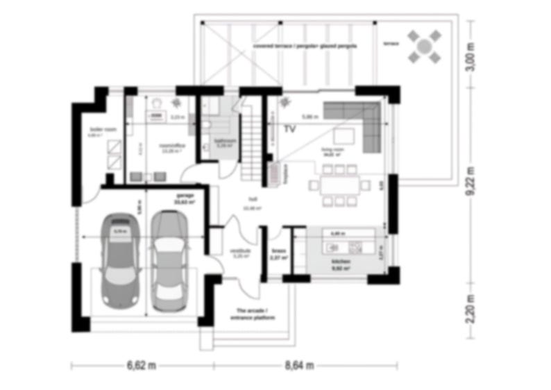 Detailed ground floor plan featuring a spacious garage, open-concept living and dining area, and a modern kitchen. Perfect for contemporary house plans and architectural designs.
