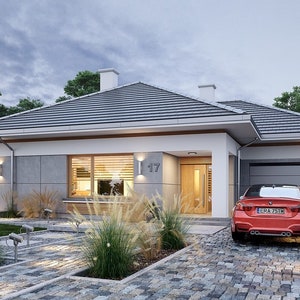 A minimalist front view of a modern single-story home featuring a spacious garage, clean lines, and elegant details. A great addition to any house blueprint collection.