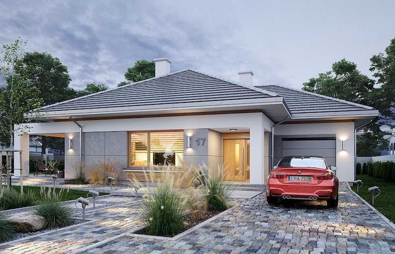 A minimalist front view of a modern single-story home featuring a spacious garage, clean lines, and elegant details. A great addition to any house blueprint collection.