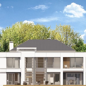 Rear view of a modern two-story house with full glass walls and outdoor living spaces. Perfect for contemporary house plans and architectural designs.