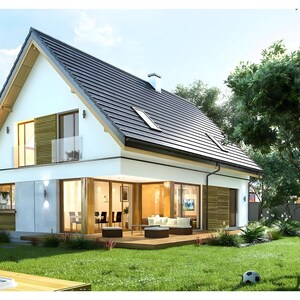 Modern house design with a steep gable roof, glass balcony, and open living area. Ideal for custom home plans, cottage designs, or modern architectural blueprints. Perfect for those seeking a bright, energy-efficient frame house or ranch-style home.