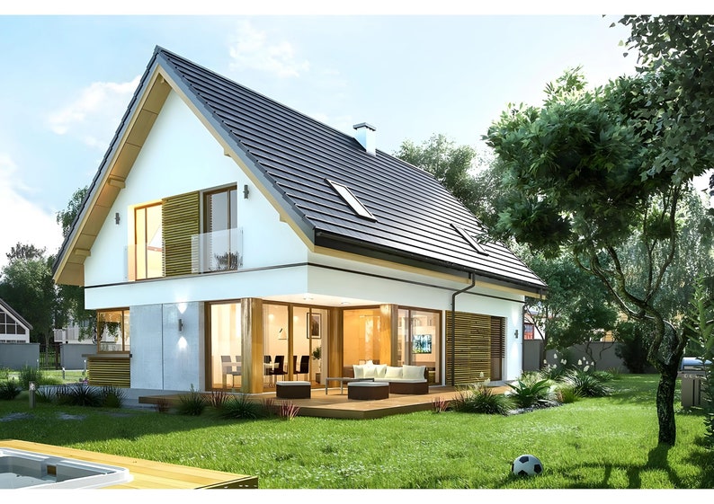 Modern house design with a steep gable roof, glass balcony, and open living area. Ideal for custom home plans, cottage designs, or modern architectural blueprints. Perfect for those seeking a bright, energy-efficient frame house or ranch-style home.