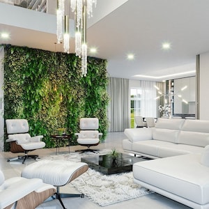 Spacious modern living room with vertical garden decor, white furniture, and an open layout. Suitable for Scandinavian house plans and cottage house plans.