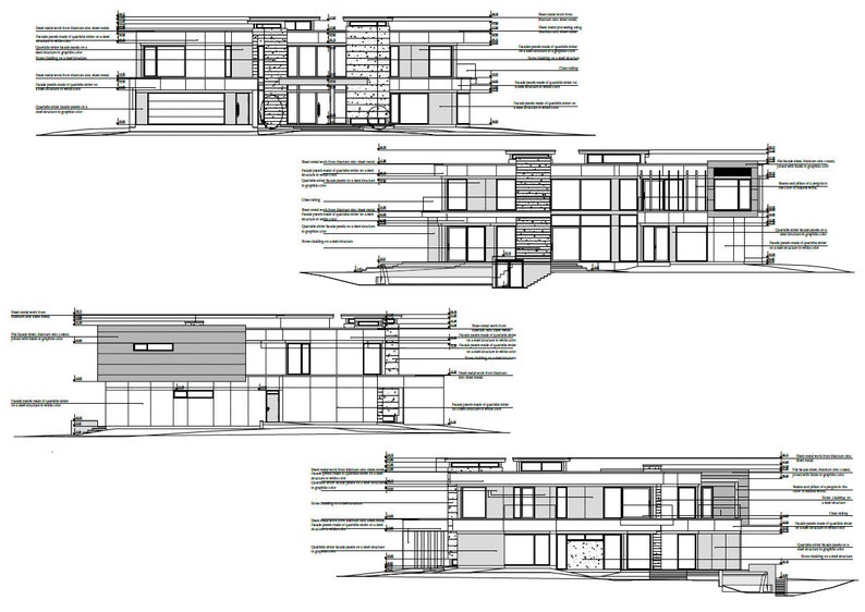 Architectural elevation views showcasing the modern villa's exterior dimensions and design. Ideal for those looking for villa plans or Scandinavian house plans.