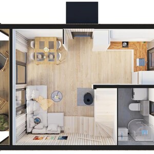 Top view of a compact modern cabin layout featuring an open living and dining area, a fully equipped kitchen, a bathroom, and a spacious terrace with seating. Efficient use of space and natural light make it cozy and functional.