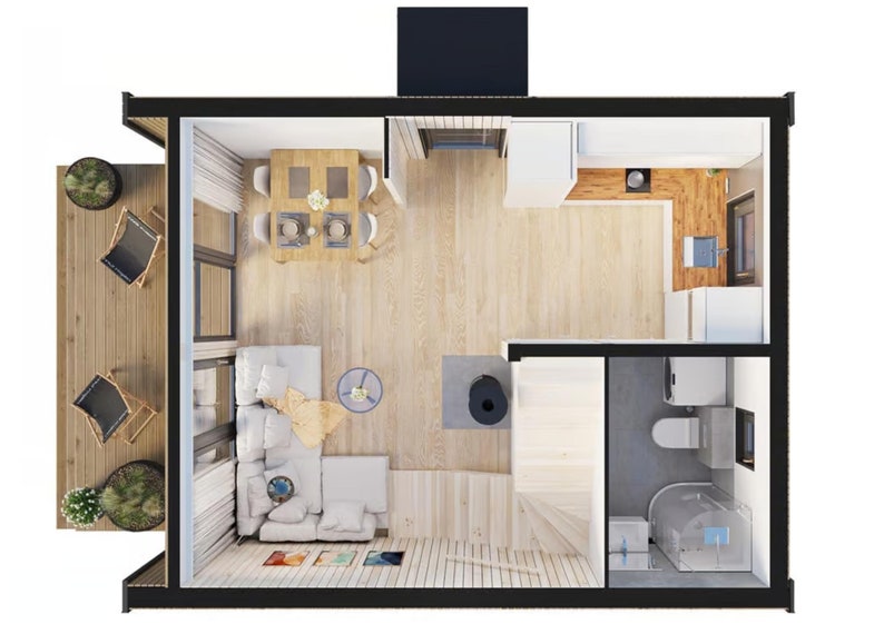 Top view of a compact modern cabin layout featuring an open living and dining area, a fully equipped kitchen, a bathroom, and a spacious terrace with seating. Efficient use of space and natural light make it cozy and functional.
