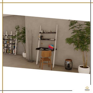 May include: A white ladder desk with dark brown shelves and a desktop surface, featuring a laptop and small decorative items. A light brown wooden chair is positioned in front of the desk. A tall white ladder bookshelf stands nearby.