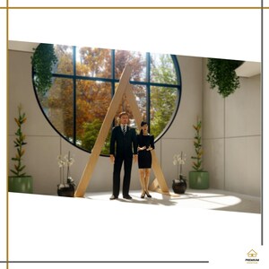May include: A 3D architectural visualization featuring a person in a dark suit and a person in a black dress standing before a large triangular wooden frame. A circular window reveals autumn trees, with potted plants placed on the floor.