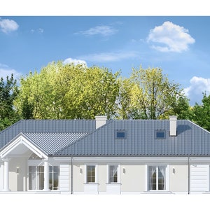 Elegant modern house exterior with a symmetrical single-story design, pitched roof, and large windows. Ideal for cottage house plans or barndominium plans. Perfect for serene living surrounded by nature.