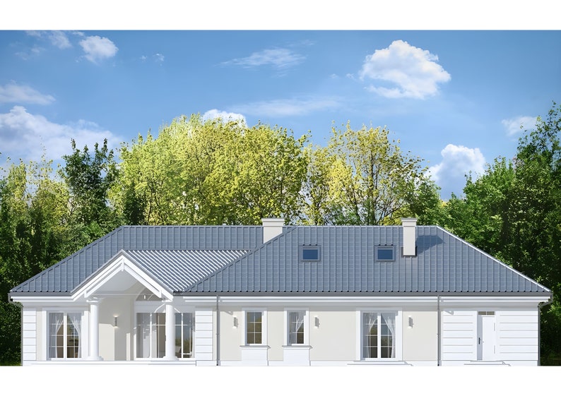 Elegant modern house exterior with a symmetrical single-story design, pitched roof, and large windows. Ideal for cottage house plans or barndominium plans. Perfect for serene living surrounded by nature.