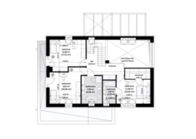 Upper floor layout with detailed room arrangements and dimensions. Perfect for those looking for detailed floor plans or townhouse plans.