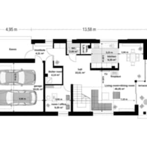 Ground-floor layout with a garage, open living space, and a terrace. Great for detailed house plans and floor plan inspiration.