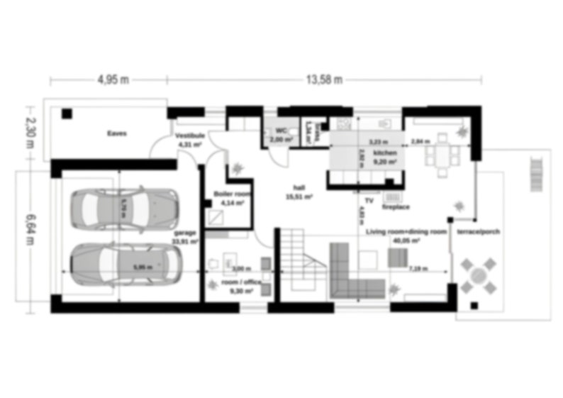 Ground-floor layout with a garage, open living space, and a terrace. Great for detailed house plans and floor plan inspiration.