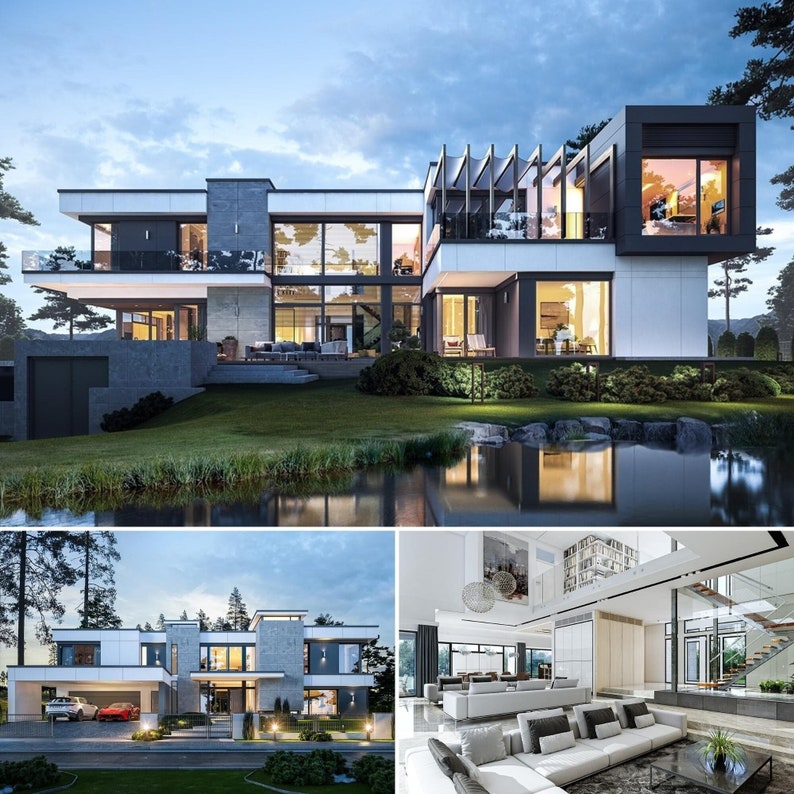Detailed view of a luxury house surrounded by greenery, featuring spacious interiors and sleek architecture. Ideal for contemporary house plan enthusiasts.