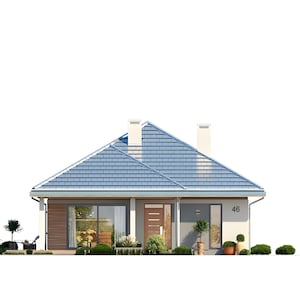 Side view of a single-story modern house with a large veranda and garden, embodying villa plans with a modern touch.