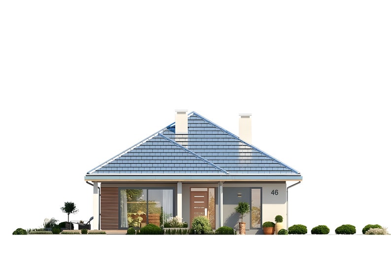 Side view of a single-story modern house with a large veranda and garden, embodying villa plans with a modern touch.