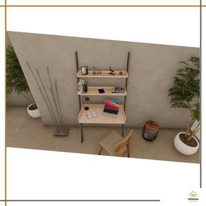 May include: A wall-mounted ladder desk featuring a light wood finish and dark metal frame. The unit includes two upper shelves holding books and decor, and a lower desk surface with a laptop, lamp, and notebook. A wooden chair sits in front.