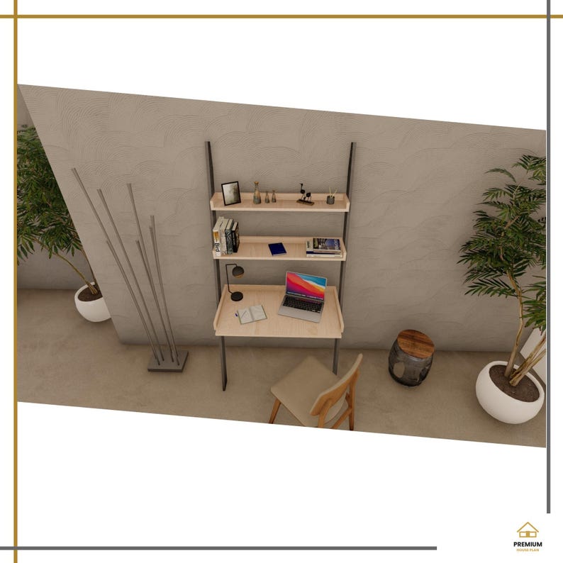 May include: A wall-mounted ladder desk featuring a light wood finish and dark metal frame. The unit includes two upper shelves holding books and decor, and a lower desk surface with a laptop, lamp, and notebook. A wooden chair sits in front.