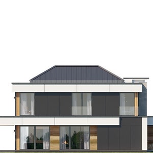 Side elevation of a modern villa with sleek architectural lines and large windows, ideal for modern house plans or townhouse designs.