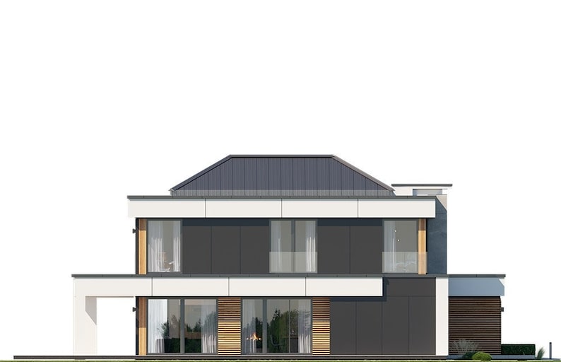 Side elevation of a modern villa with sleek architectural lines and large windows, ideal for modern house plans or townhouse designs.