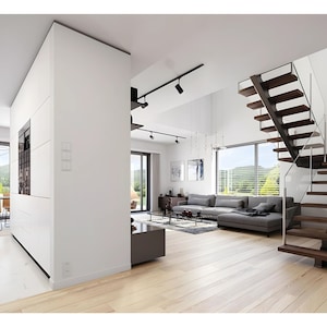 Minimalist home interior featuring a wooden staircase, bright open spaces, and a modern layout. Suitable for Scandinavian house plans.