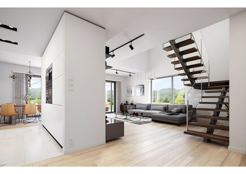 Minimalist home interior featuring a wooden staircase, bright open spaces, and a modern layout. Suitable for Scandinavian house plans.