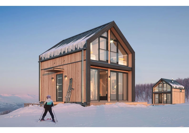 Modern wooden cabin with large glass windows and a pitched roof, set in a snowy landscape. Features warm interiors, outdoor ski storage, and a cozy balcony, ideal for winter retreats and mountain living.