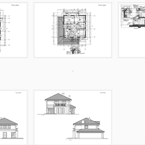 Detailed architectural blueprints of a two-story home, featuring floor plans, cross-sections, and facades. Ideal for house blueprint and floor plan enthusiasts.