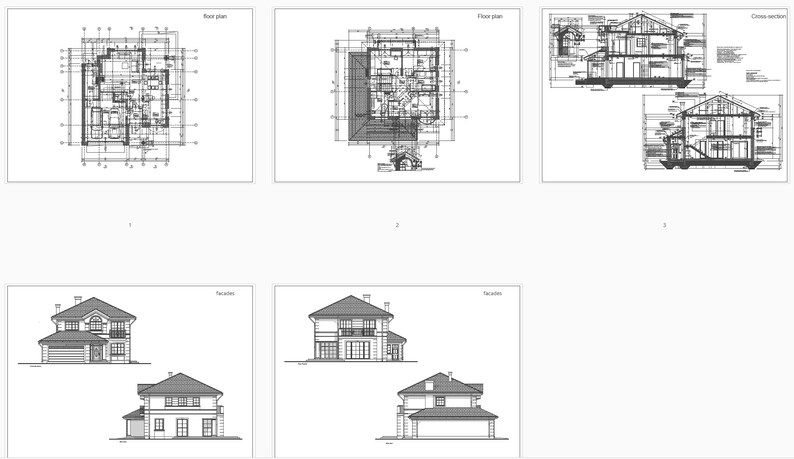 Detailed architectural blueprints of a two-story home, featuring floor plans, cross-sections, and facades. Ideal for house blueprint and floor plan enthusiasts.