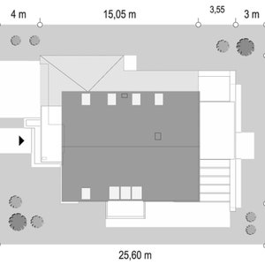 Aerial site plan showing the house footprint, surrounding garden, and boundary measurements. A well-organized layout for building a cottage house or small cabin plans.