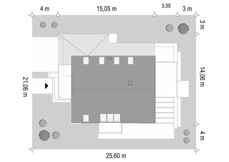Aerial site plan showing the house footprint, surrounding garden, and boundary measurements. A well-organized layout for building a cottage house or small cabin plans.
