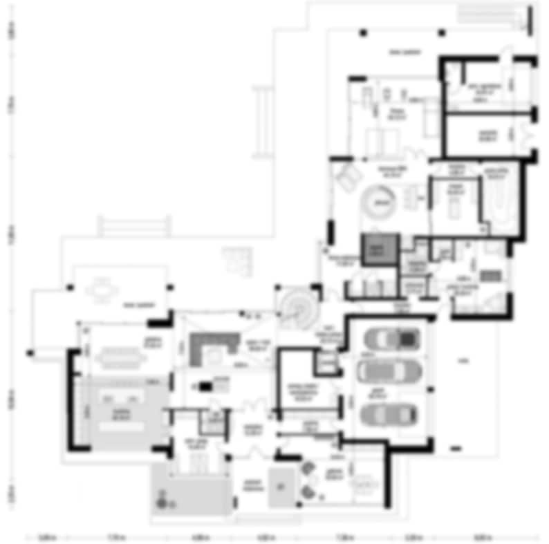 Ground floor plan of a luxury modern house with detailed room layouts and measurements. Ideal for architectural and floor plans.