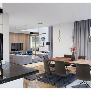 Open kitchen and dining area with modern design, emphasizing simplicity and functionality. A great match for scandinavian house plans or townhouse plans.