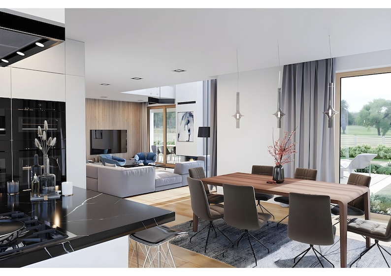 Open kitchen and dining area with modern design, emphasizing simplicity and functionality. A great match for scandinavian house plans or townhouse plans.