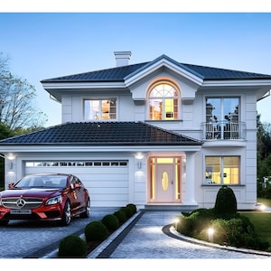 Beautiful two-story modern home with a garage, stylish driveway, and a red car parked in front. Perfect for showcasing house plans or townhouse plan designs.