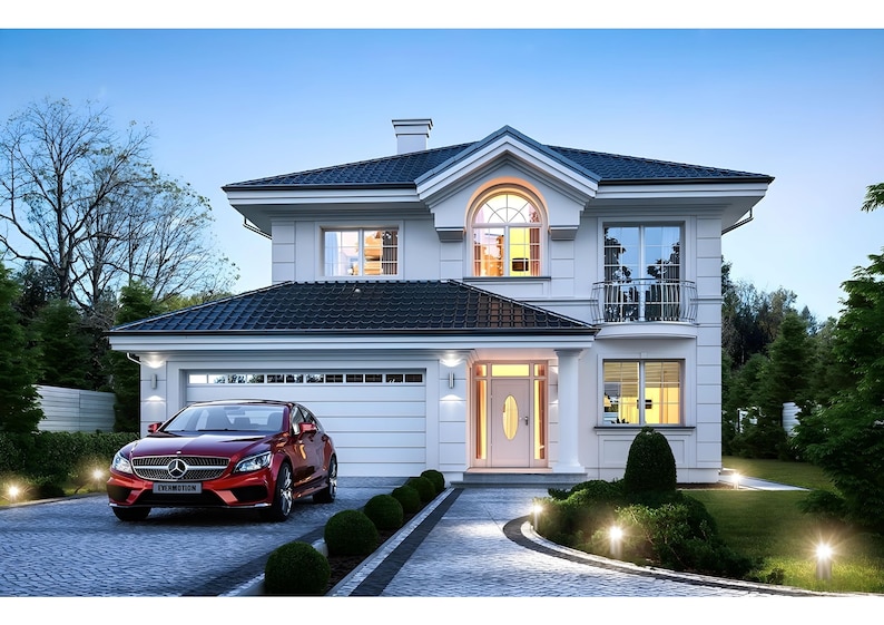 Beautiful two-story modern home with a garage, stylish driveway, and a red car parked in front. Perfect for showcasing house plans or townhouse plan designs.