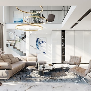 Elegant living room design with high ceilings, a modern staircase, and luxurious decor. Perfect for scandinavian house plans, modern interiors, and open floor plans.