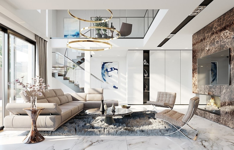 Elegant living room design with high ceilings, a modern staircase, and luxurious decor. Perfect for scandinavian house plans, modern interiors, and open floor plans.