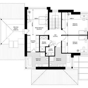 Second-story floor plan highlighting three bedrooms, a master suite with a dressing room, and a modern bathroom layout. Perfect for house plans and blueprint lovers.