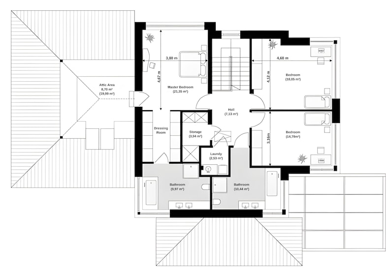 Second-story floor plan highlighting three bedrooms, a master suite with a dressing room, and a modern bathroom layout. Perfect for house plans and blueprint lovers.