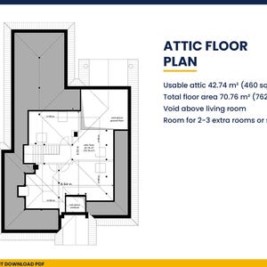 May include: An attic floor plan diagram showing a usable attic of 42.74 square meters or 460 square feet and a total floor area of 70.76 square meters or 762 square feet, with space for 2-3 extra rooms or a studio and a void above the living room.