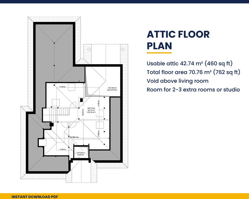 May include: An attic floor plan diagram showing a usable attic of 42.74 square meters or 460 square feet and a total floor area of 70.76 square meters or 762 square feet, with space for 2-3 extra rooms or a studio and a void above the living room.