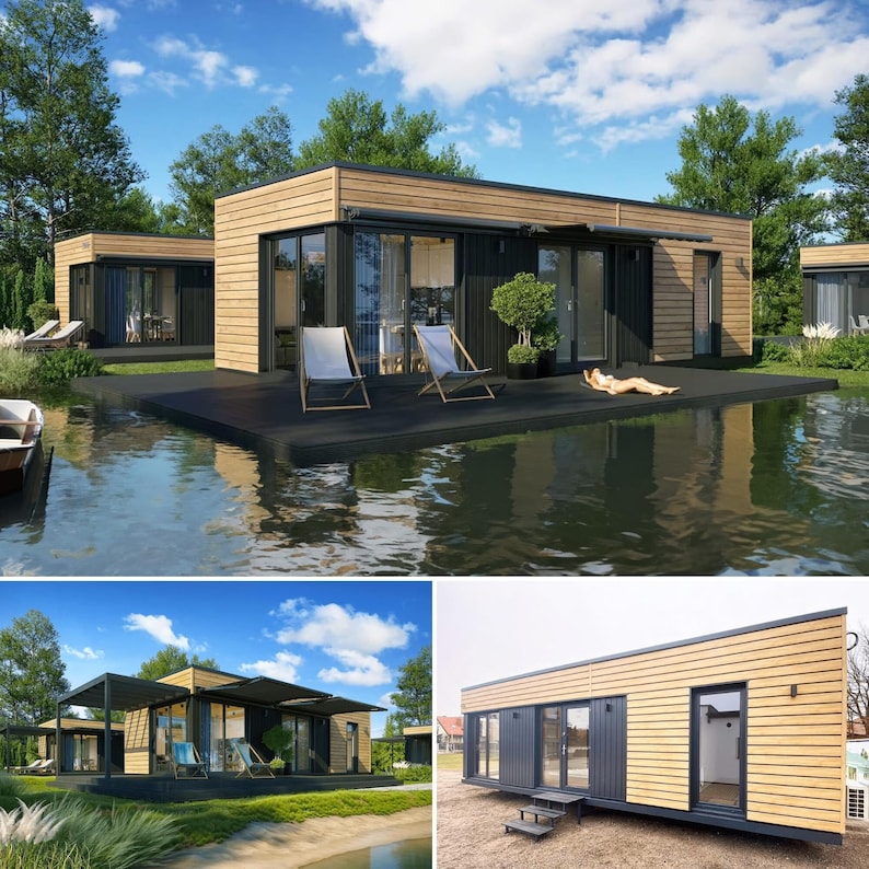 Contemporary house plans featuring modular wooden structures, ideal for lakeside retreats or tiny house plans. Includes modern floor plans for small cabins, barndominiums, and cottages with flexible designs for personalization.