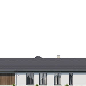May include: A single-story house with a dark gray tiled roof and white exterior walls. The front facade features a large wooden garage door on the left, followed by several tall, narrow glass windows and doors along the length of the structure.