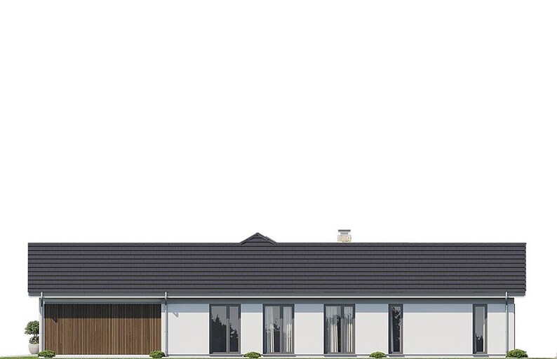 May include: A single-story house with a dark gray tiled roof and white exterior walls. The front facade features a large wooden garage door on the left, followed by several tall, narrow glass windows and doors along the length of the structure.