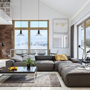 Bright, modern living room interior with Scandinavian-style decor, a large sectional sofa, floor-to-ceiling windows, and a view of the snowy outdoors. Perfect for tiny house plans and townhouse inspirations.