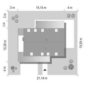 Top view of a modern house layout with precise dimensions and landscaping. Suitable for Scandinavian house plans or compact shed designs.