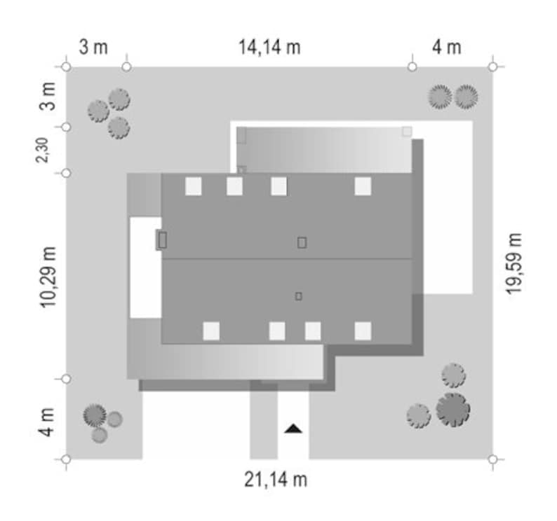 Top view of a modern house layout with precise dimensions and landscaping. Suitable for Scandinavian house plans or compact shed designs.